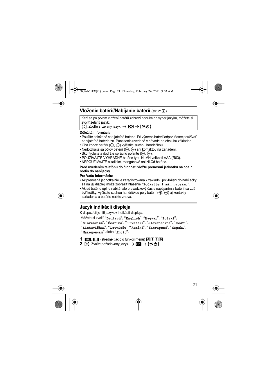 Vloženie batérií/nabíjanie batérií, Jazyk indikácií displeja | Panasonic KXTGA806FX User Manual | Page 21 / 80