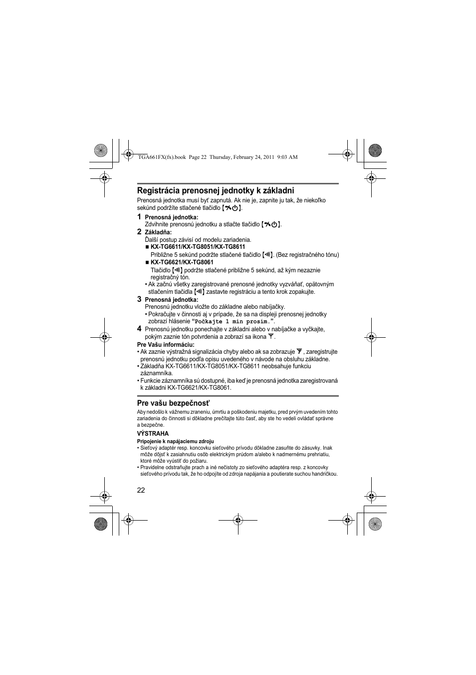 Registrácia prenosnej jednotky k základni | Panasonic KXTGA806FX User Manual | Page 22 / 80