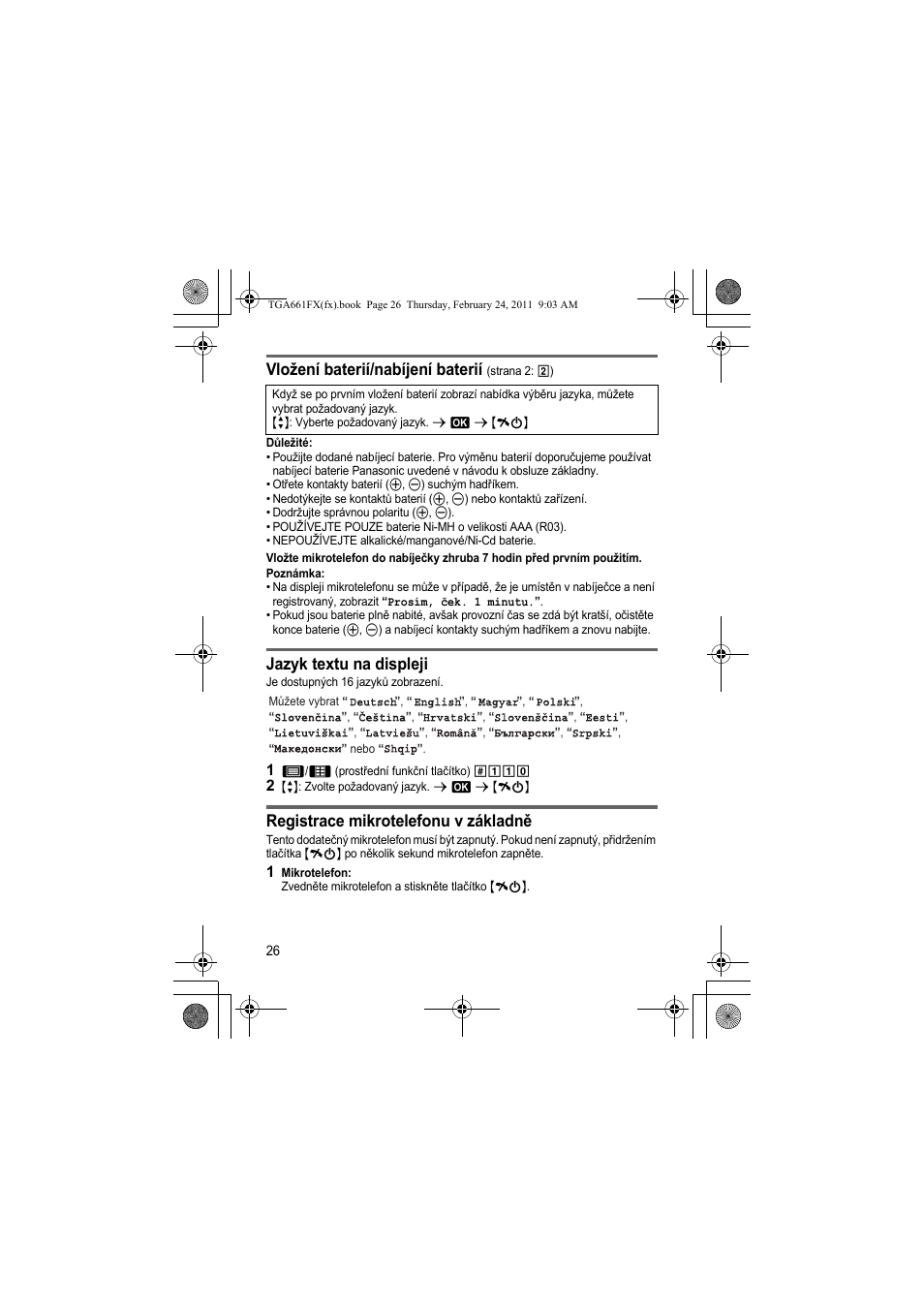 Vložení baterií/nabíjení baterií, Jazyk textu na displeji, Registrace mikrotelefonu v základně | Panasonic KXTGA806FX User Manual | Page 26 / 80