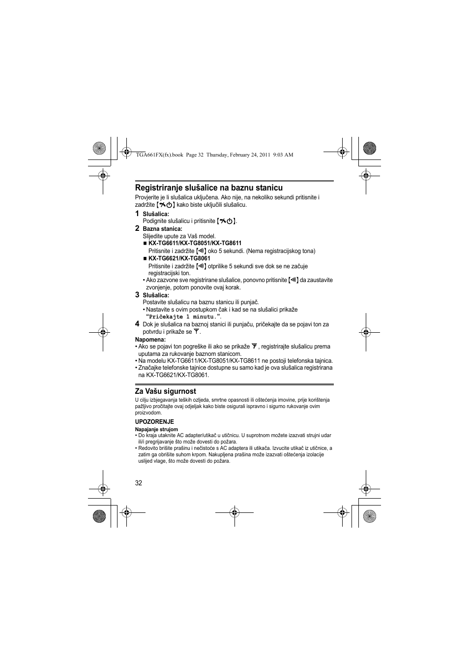 Registriranje slušalice na baznu stanicu | Panasonic KXTGA806FX User Manual | Page 32 / 80