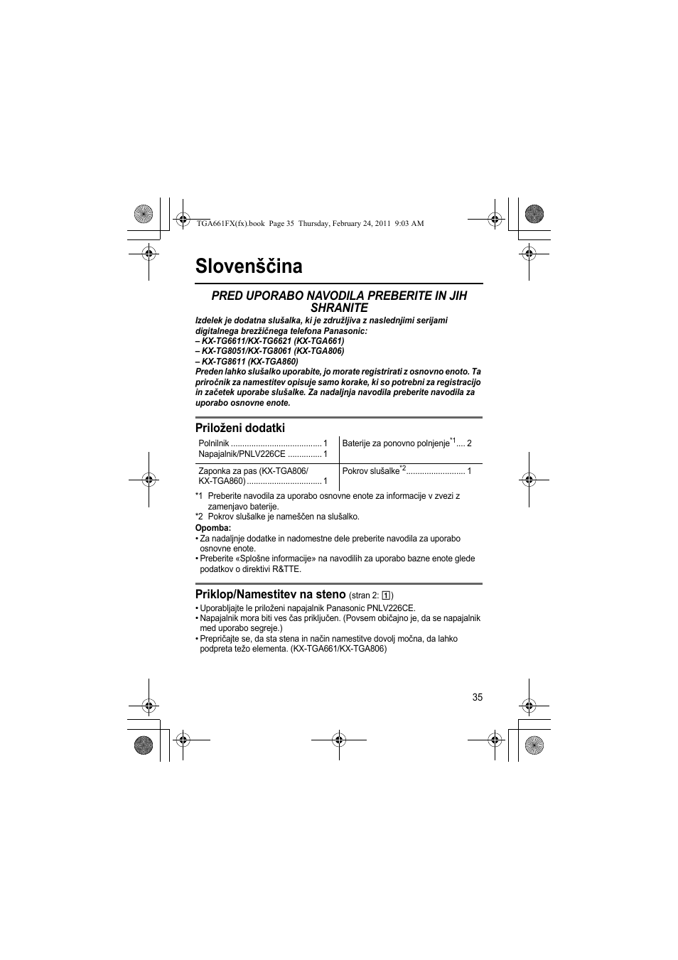 Slovenščina, Pred uporabo navodila preberite in jih shranite, Priloženi dodatki | Priklop/namestitev na steno | Panasonic KXTGA806FX User Manual | Page 35 / 80