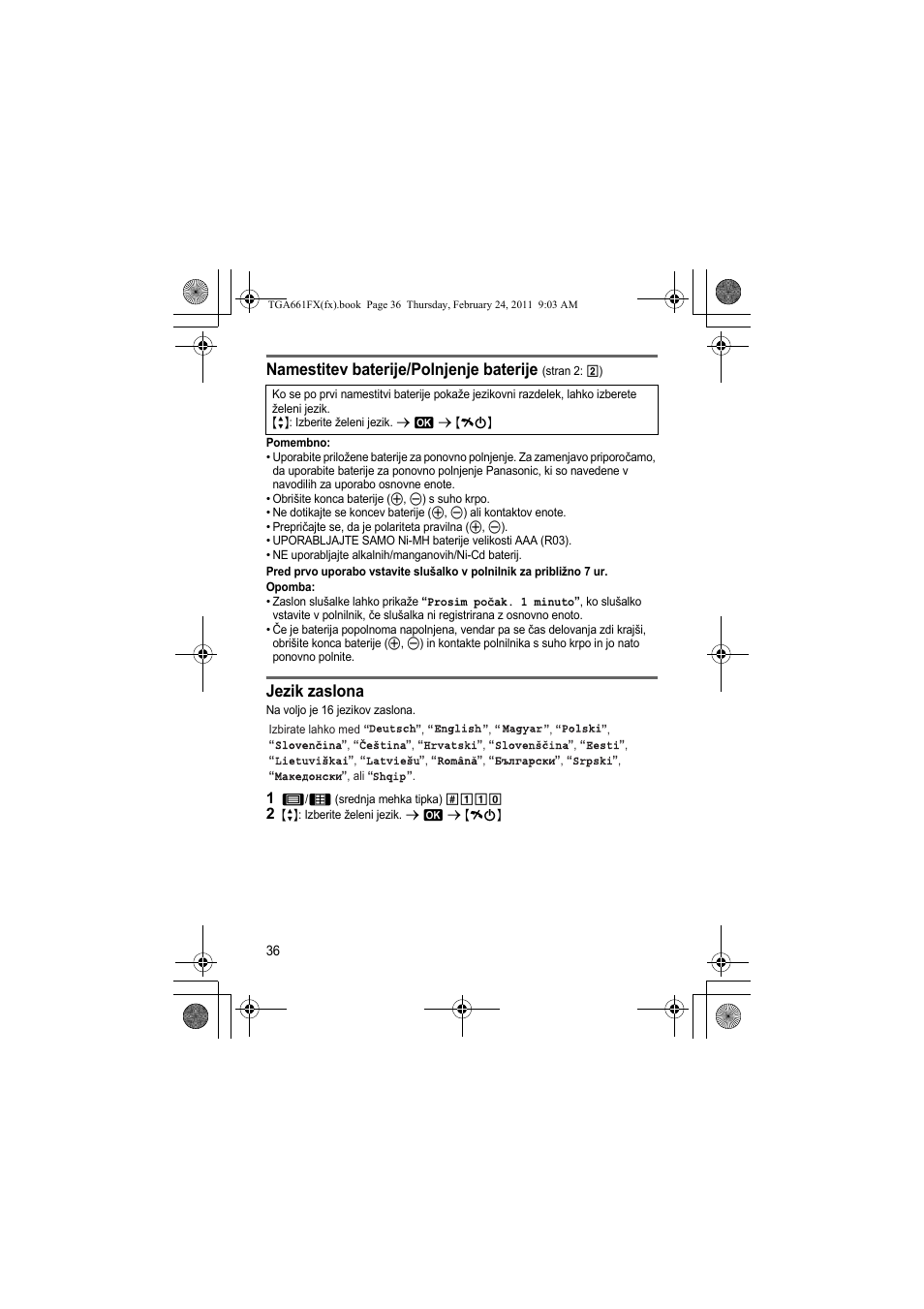 Namestitev baterije/polnjenje baterije, Jezik zaslona | Panasonic KXTGA806FX User Manual | Page 36 / 80