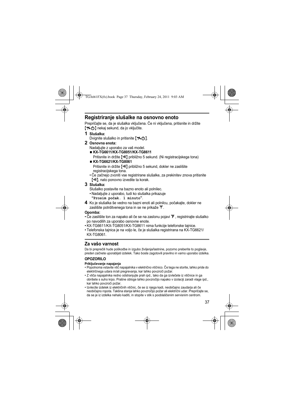 Registriranje slušalke na osnovno enoto | Panasonic KXTGA806FX User Manual | Page 37 / 80