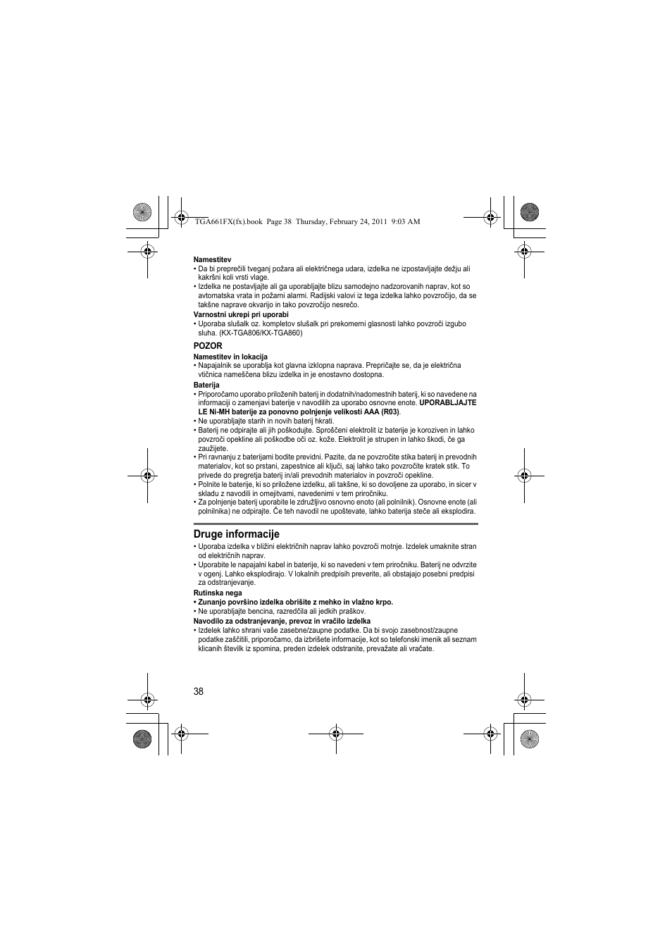 Druge informacije | Panasonic KXTGA806FX User Manual | Page 38 / 80