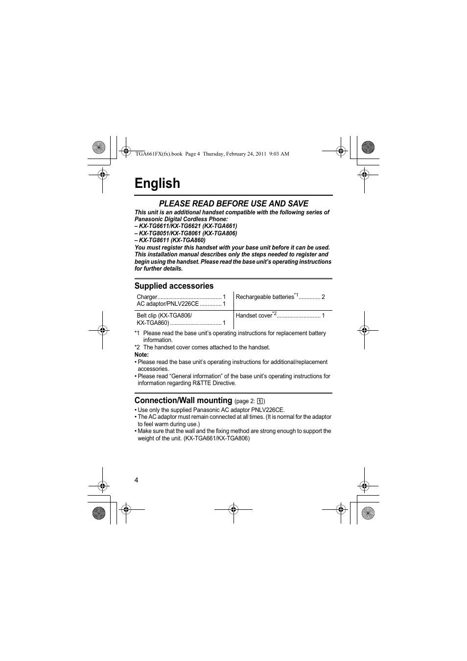 English, Please read before use and save, Supplied accessories | Connection/wall mounting | Panasonic KXTGA806FX User Manual | Page 4 / 80