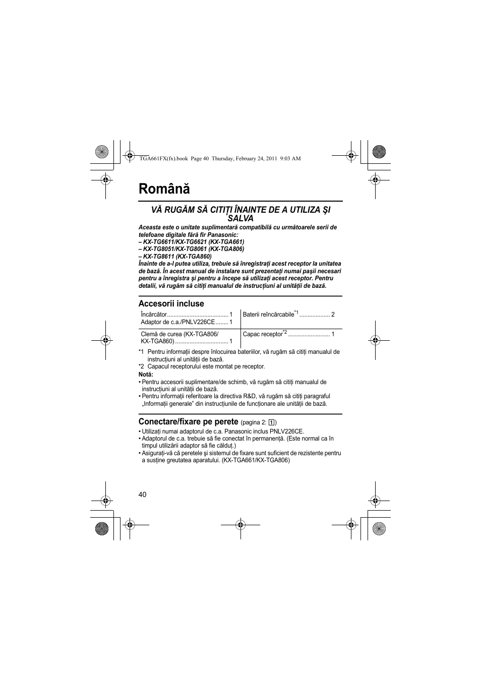 Română, Vă rugăm să citiţi înainte de a utiliza şi salva, Accesorii incluse | Conectare/fixare pe perete | Panasonic KXTGA806FX User Manual | Page 40 / 80