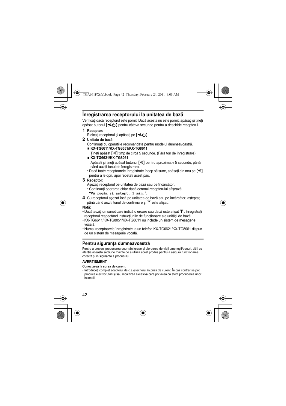 Înregistrarea receptorului la unitatea de bază | Panasonic KXTGA806FX User Manual | Page 42 / 80