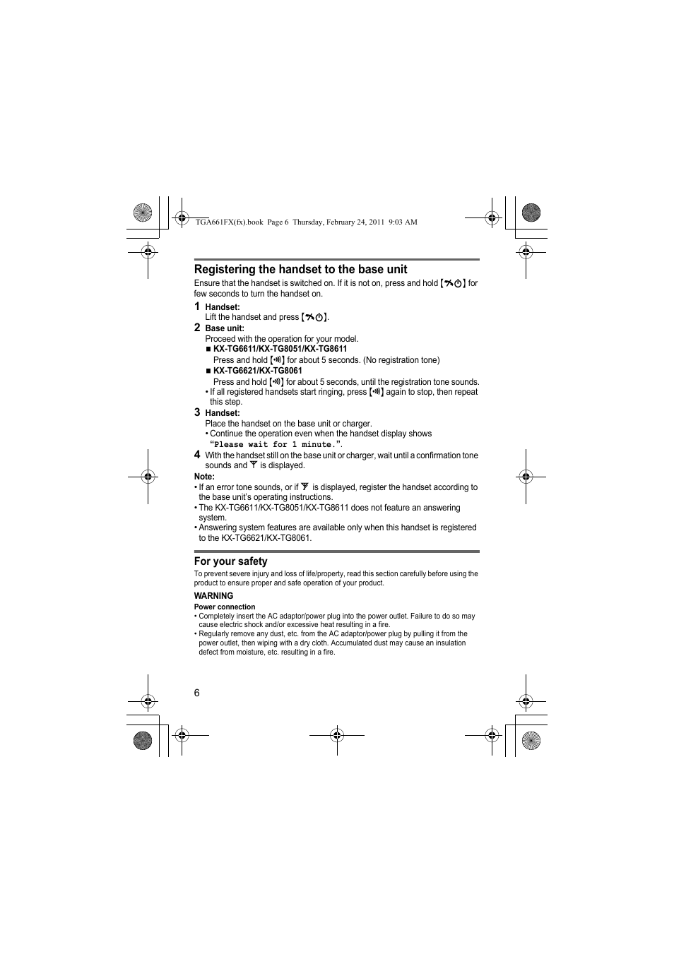 Registering the handset to the base unit | Panasonic KXTGA806FX User Manual | Page 6 / 80