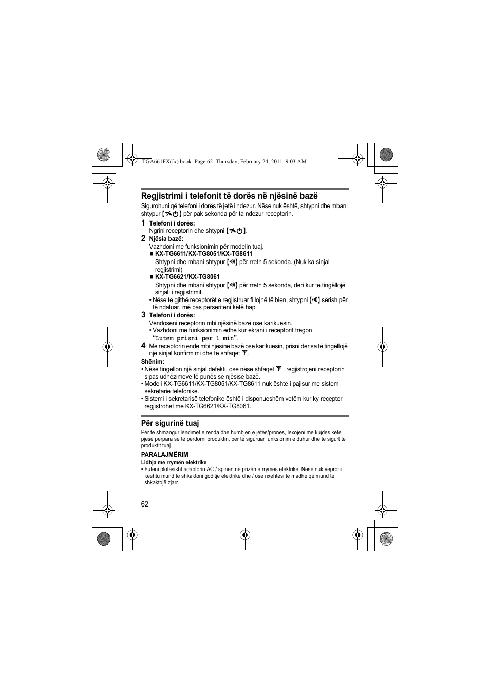 Regjistrimi i telefonit të dorës në njësinë bazë | Panasonic KXTGA806FX User Manual | Page 62 / 80