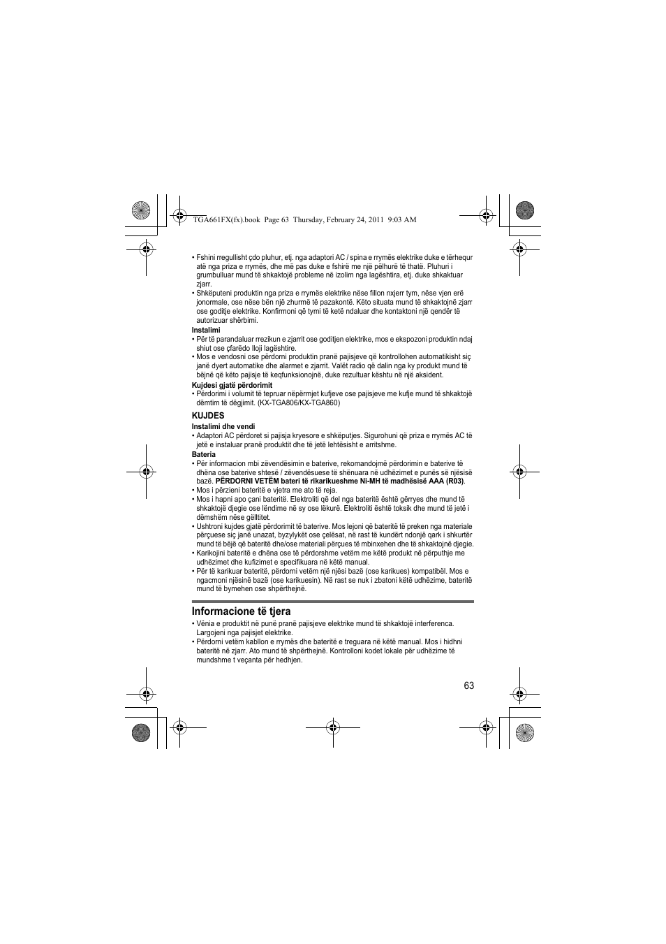 Informacione të tjera | Panasonic KXTGA806FX User Manual | Page 63 / 80