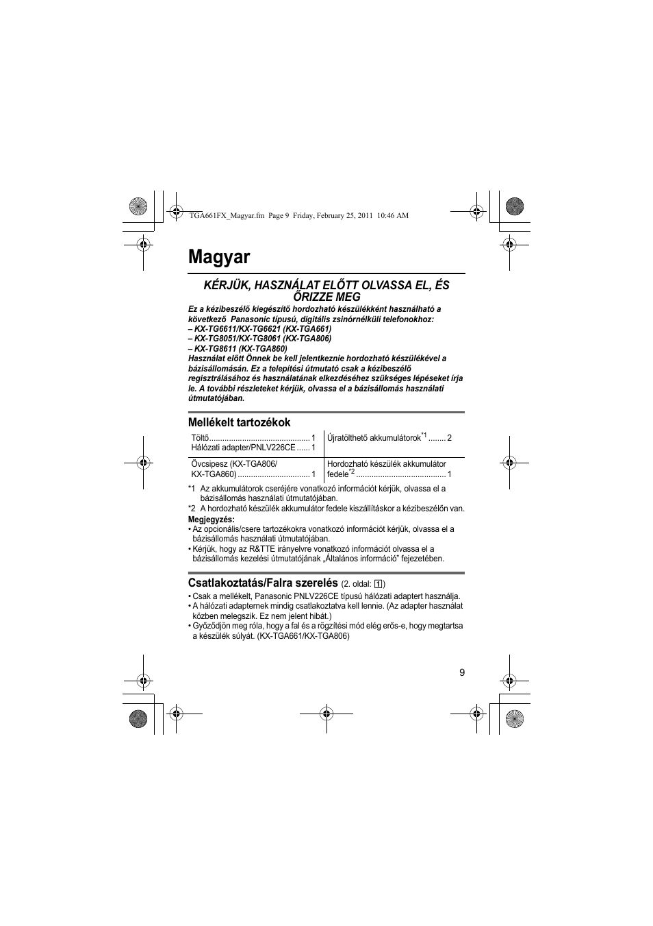 Magyar, Kérjük, használat előtt olvassa el, és őrizze meg, Mellékelt tartozékok | Csatlakoztatás/falra szerelés | Panasonic KXTGA806FX User Manual | Page 9 / 80