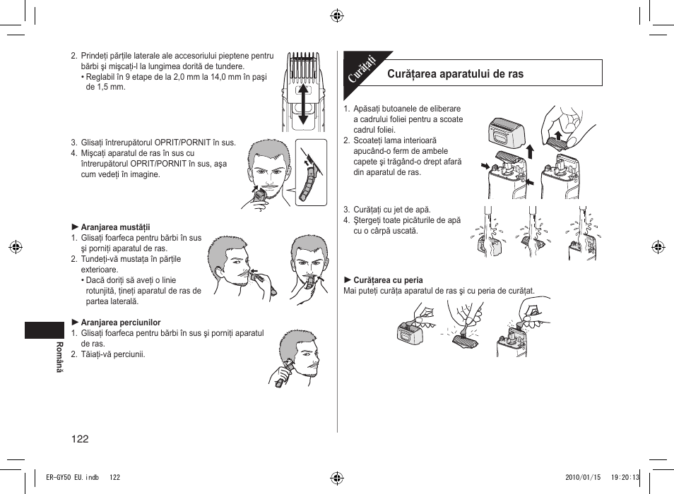 Curăţaţi, Curăţarea aparatului de ras | Panasonic ERGY30 User Manual | Page 122 / 136