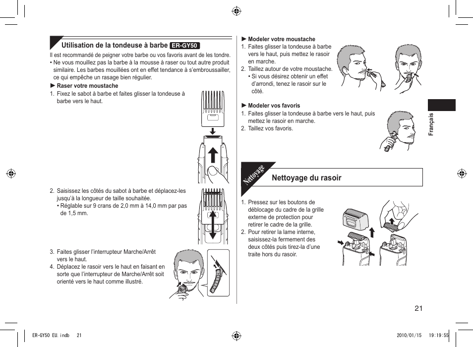 Nettoyage, Nettoyage du rasoir | Panasonic ERGY30 User Manual | Page 21 / 136