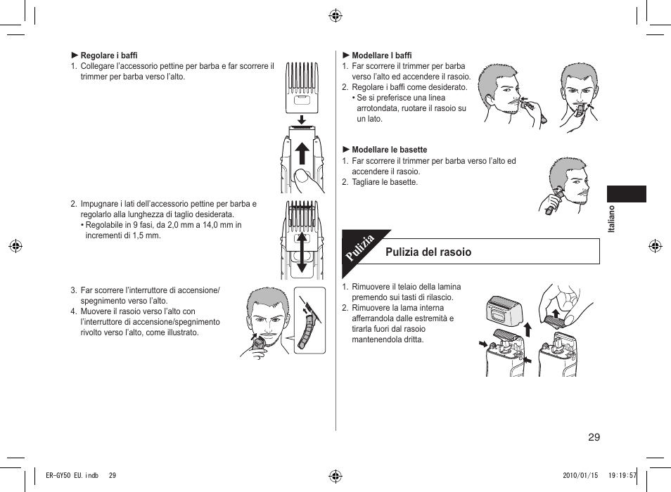 Pulizia, Pulizia del rasoio | Panasonic ERGY30 User Manual | Page 29 / 136