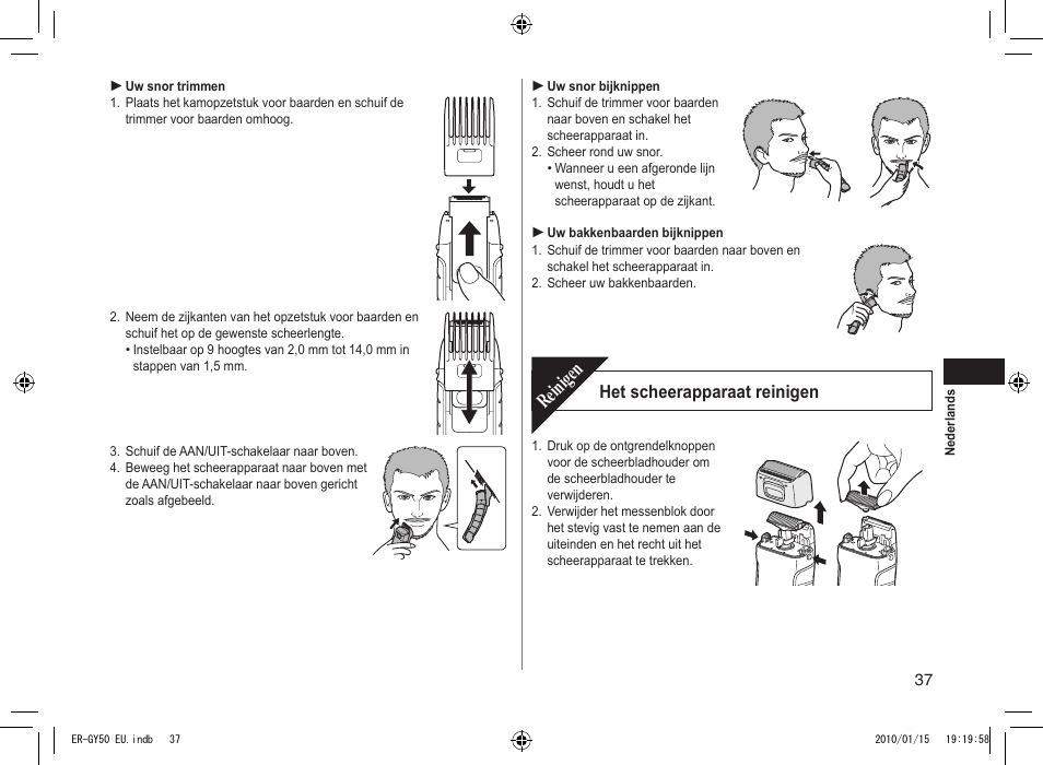 Reinigen, Het scheerapparaat reinigen | Panasonic ERGY30 User Manual | Page 37 / 136