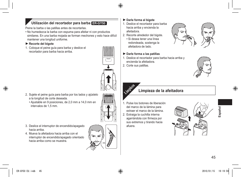 Limpieza, Limpieza de la afeitadora | Panasonic ERGY30 User Manual | Page 45 / 136