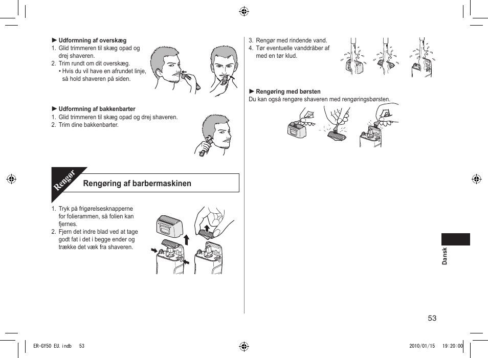 Rengør, Rengøring af barbermaskinen | Panasonic ERGY30 User Manual | Page 53 / 136