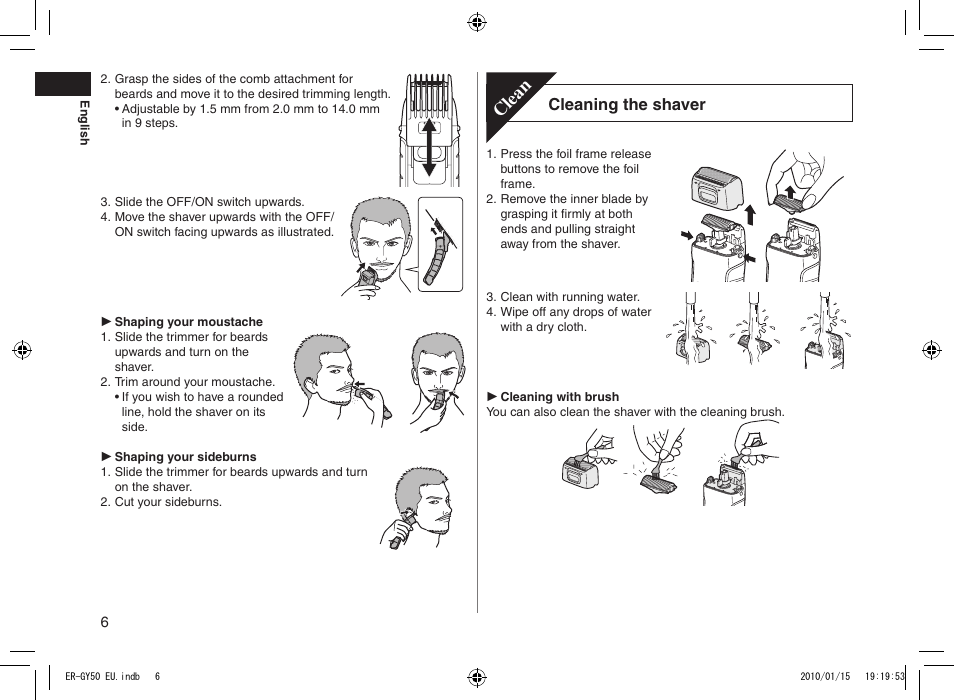 Clean, Cleaning the shaver | Panasonic ERGY30 User Manual | Page 6 / 136