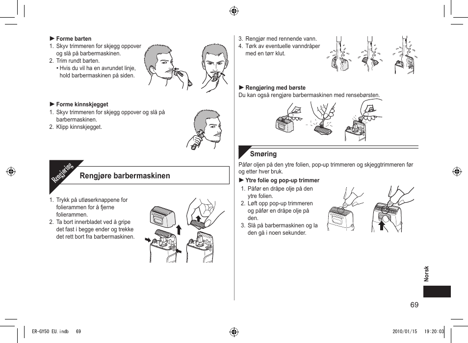 Rengjøring, Rengjøre barbermaskinen | Panasonic ERGY30 User Manual | Page 69 / 136