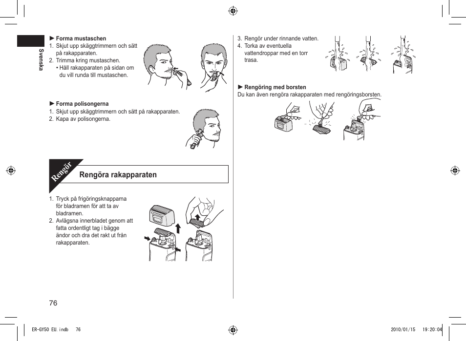 Rengör, Rengöra rakapparaten | Panasonic ERGY30 User Manual | Page 76 / 136