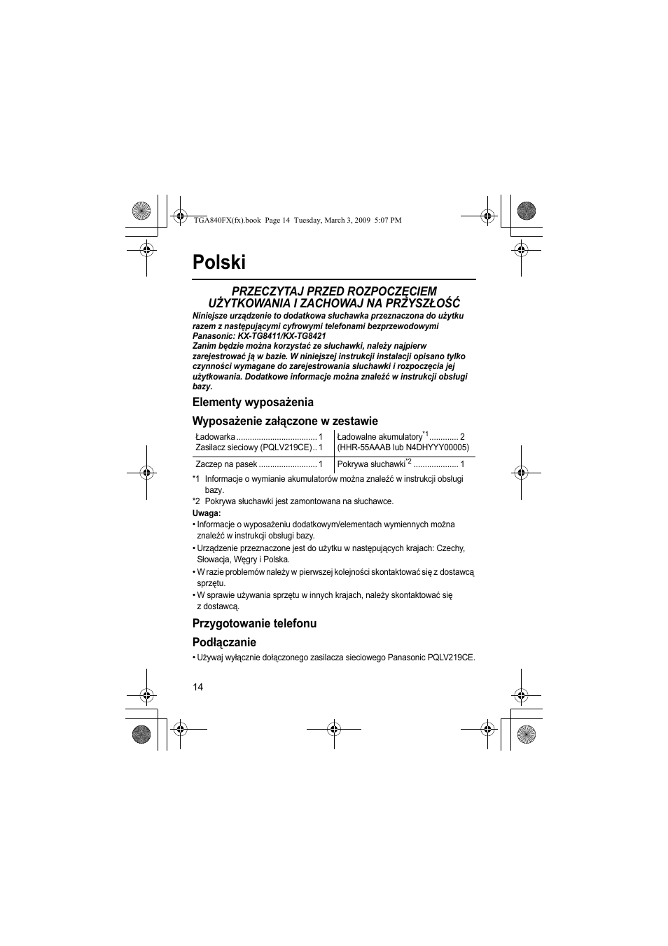 Polski, Przygotowanie telefonu podłączanie | Panasonic KXTGA840FX User Manual | Page 14 / 32