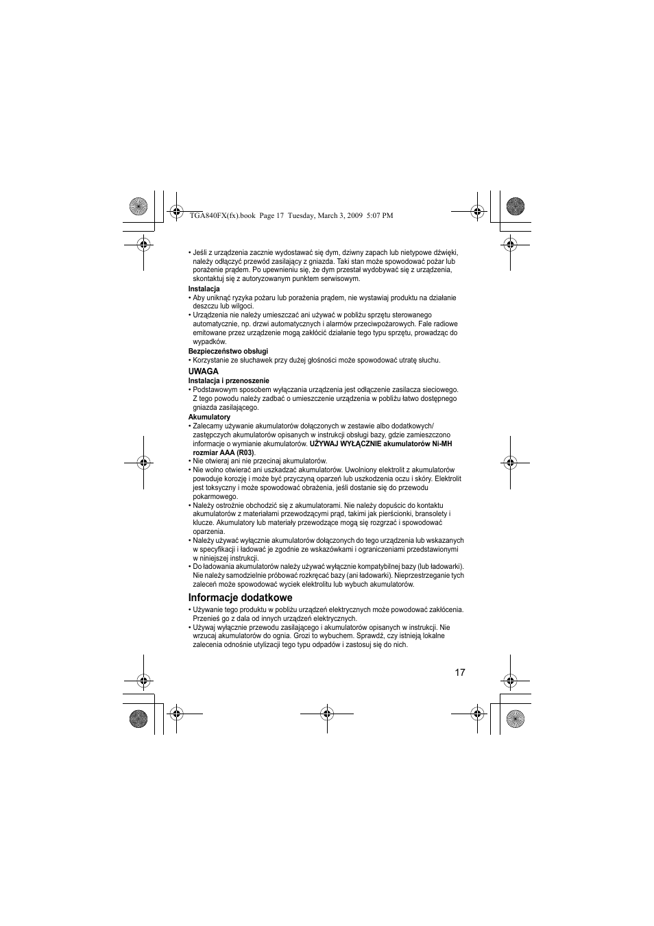 Informacje dodatkowe | Panasonic KXTGA840FX User Manual | Page 17 / 32