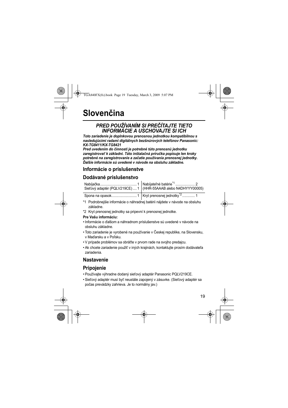 Slovenčina, Informácie o príslušenstve dodávané príslušenstvo, Nastavenie pripojenie | Panasonic KXTGA840FX User Manual | Page 19 / 32