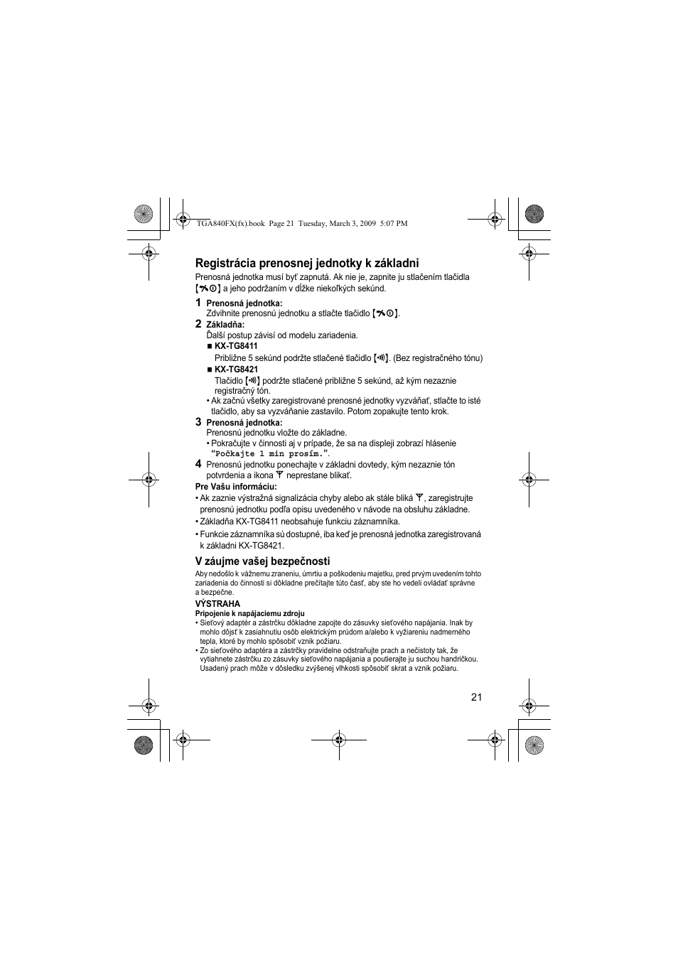 Registrácia prenosnej jednotky k základni | Panasonic KXTGA840FX User Manual | Page 21 / 32