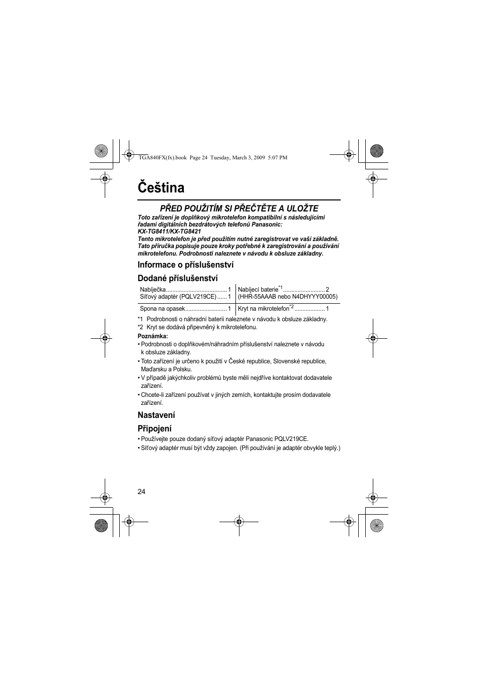 Čeština, Před použitím si přečtěte a uložte, Informace o příslušenství dodané příslušenství | Nastavení připojení | Panasonic KXTGA840FX User Manual | Page 24 / 32