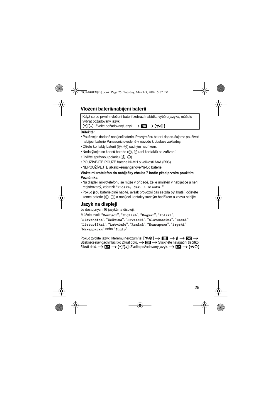 Vložení baterií/nabíjení baterií, Jazyk na displeji | Panasonic KXTGA840FX User Manual | Page 25 / 32