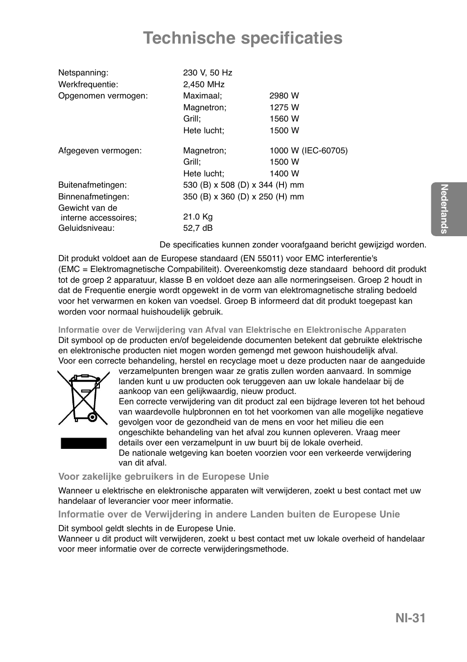 Technische specificaties, Nl-31 | Panasonic NNCT850WEPG User Manual | Page 102 / 273