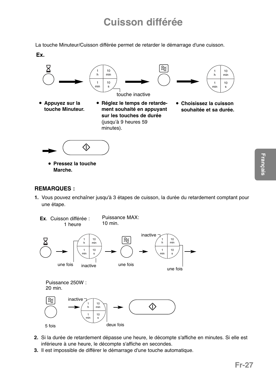 Cuisson différée, Fr-27, Remarques | Français | Panasonic NNCT850WEPG User Manual | Page 132 / 273