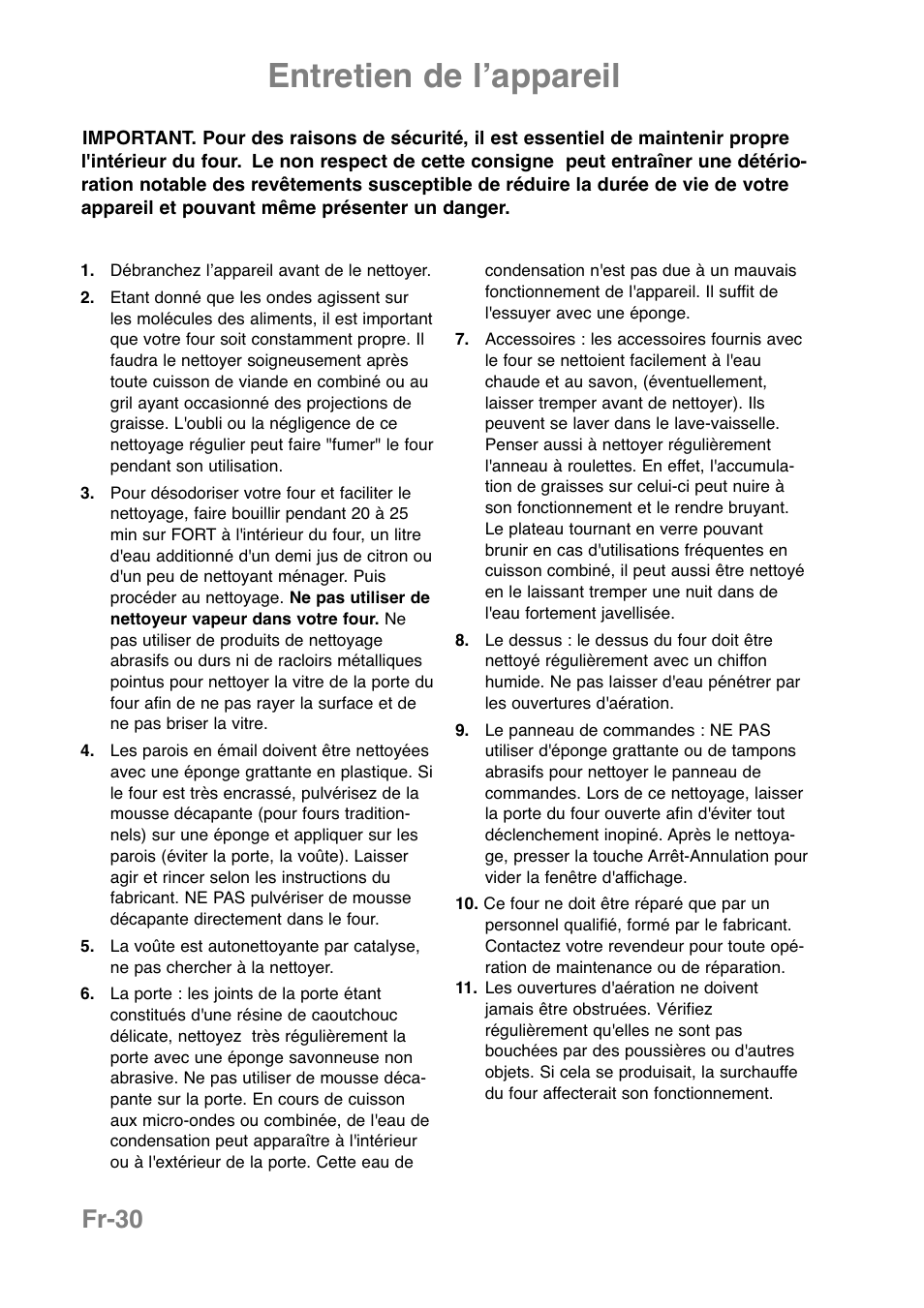 Entretien de lʼappareil, Fr-30 | Panasonic NNCT850WEPG User Manual | Page 135 / 273