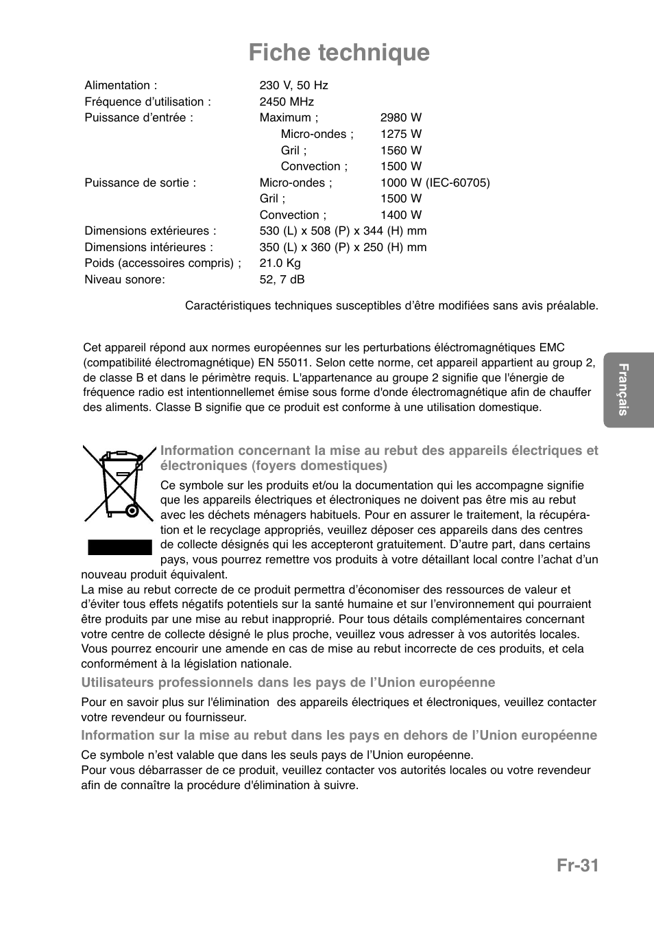 Fiche technique, Fr-31 | Panasonic NNCT850WEPG User Manual | Page 136 / 273