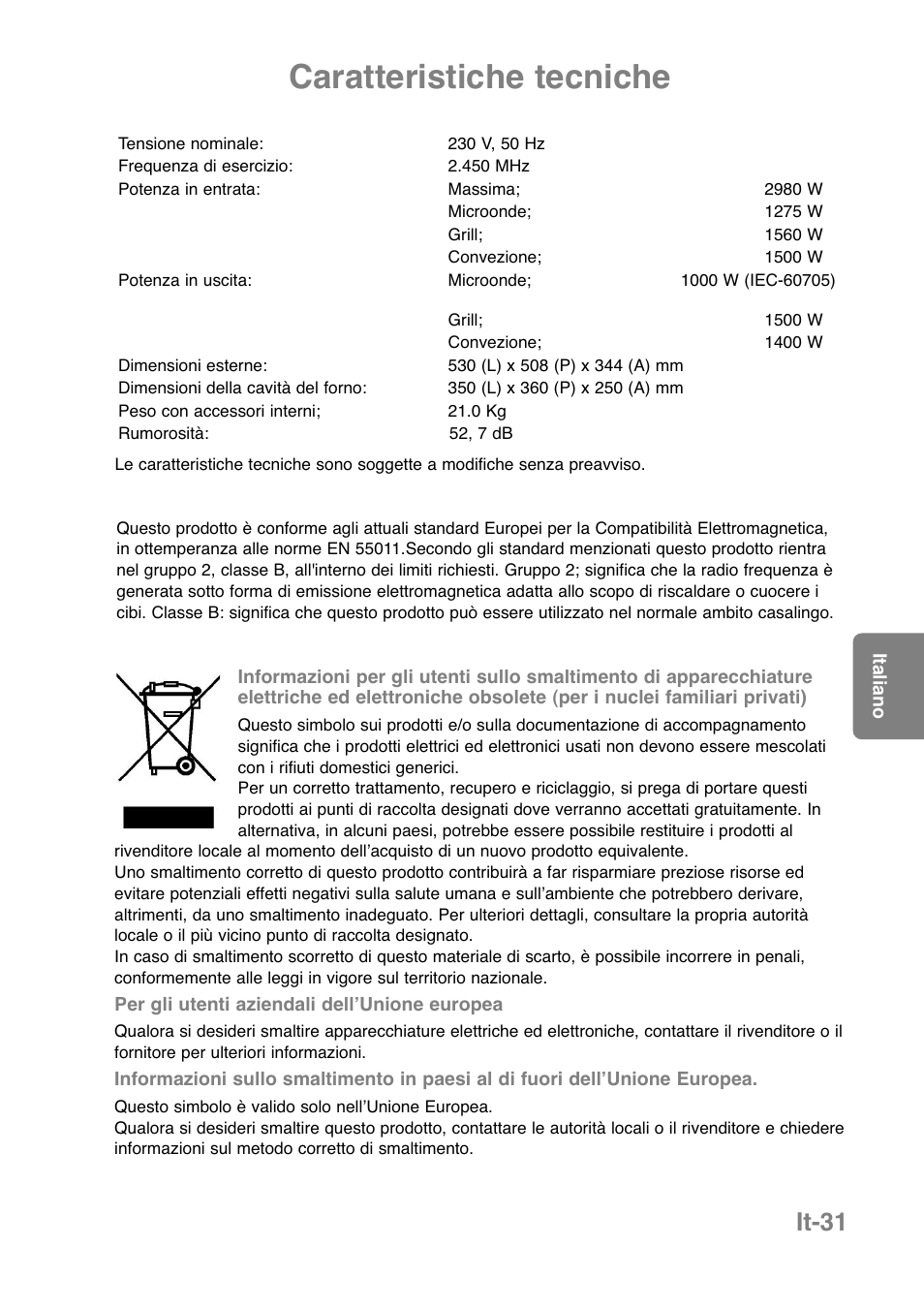 Caratteristiche tecniche, It-31 | Panasonic NNCT850WEPG User Manual | Page 170 / 273