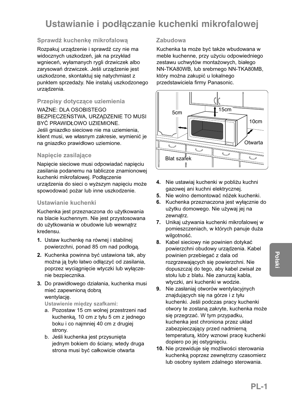 Ustawianie i podłączanie kuchenki mikrofalowej, Pl-1 | Panasonic NNCT850WEPG User Manual | Page 174 / 273