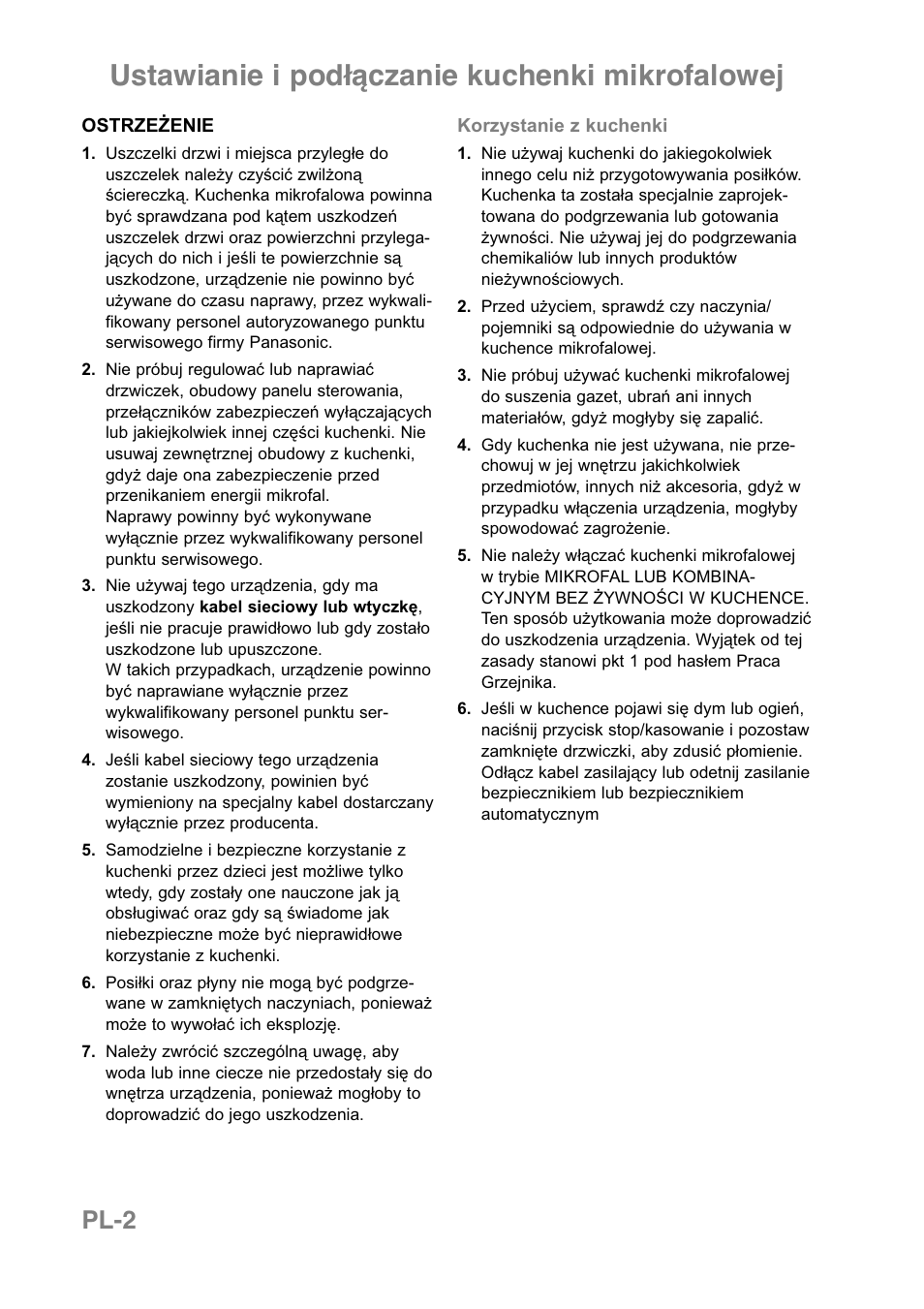 Ustawianie i podłączanie kuchenki mikrofalowej, Pl-2 | Panasonic NNCT850WEPG User Manual | Page 175 / 273