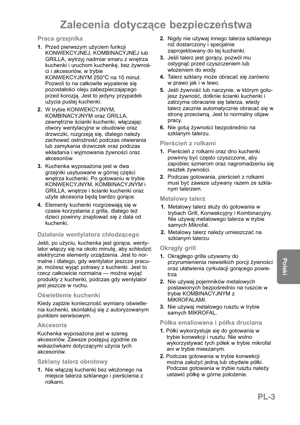 Zalecenia dotyczące bezpieczeństwa, Pl-3 | Panasonic NNCT850WEPG User Manual | Page 176 / 273