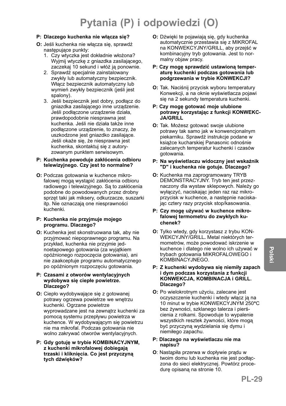 Pytania (p) i odpowiedzi (o), Pl-29 | Panasonic NNCT850WEPG User Manual | Page 202 / 273