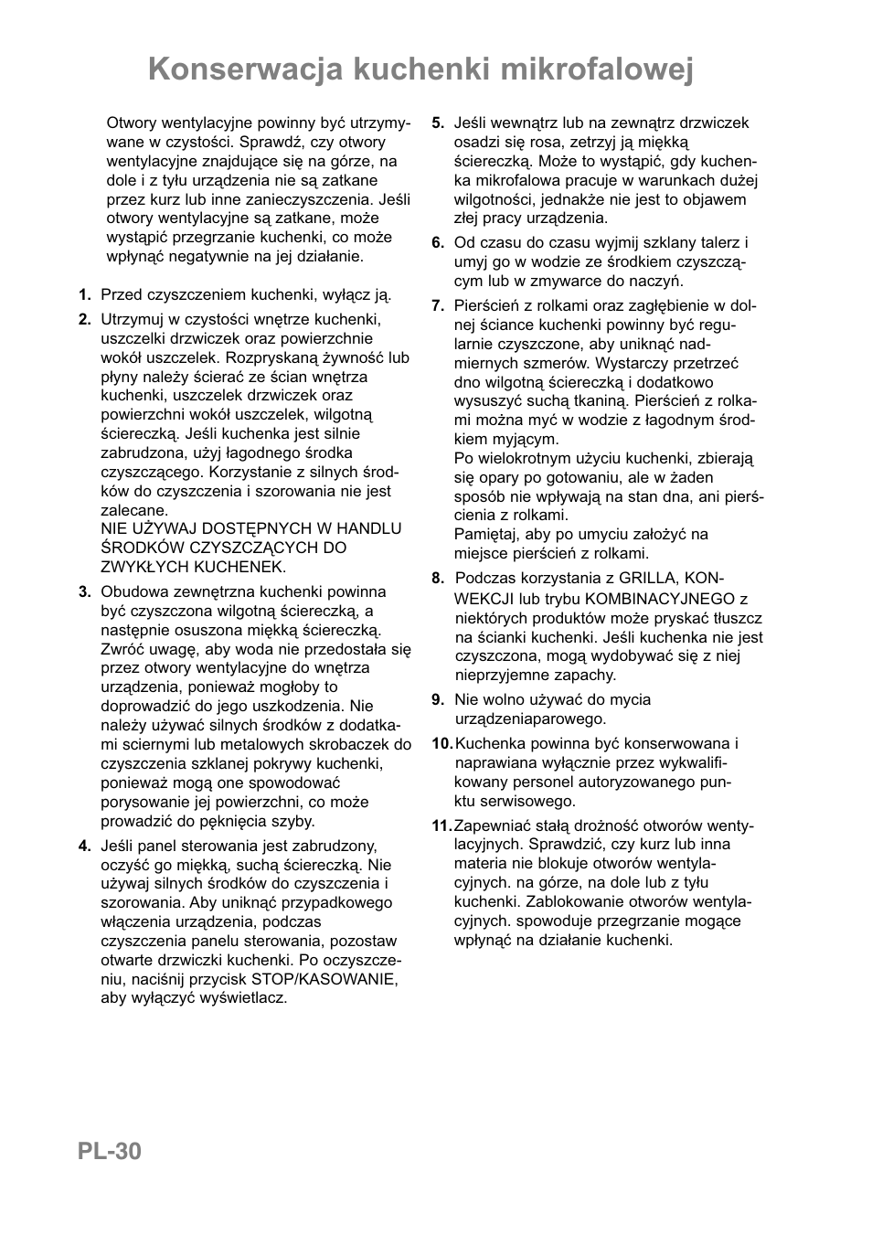 Konserwacja kuchenki mikrofalowej, Pl-30 | Panasonic NNCT850WEPG User Manual | Page 203 / 273