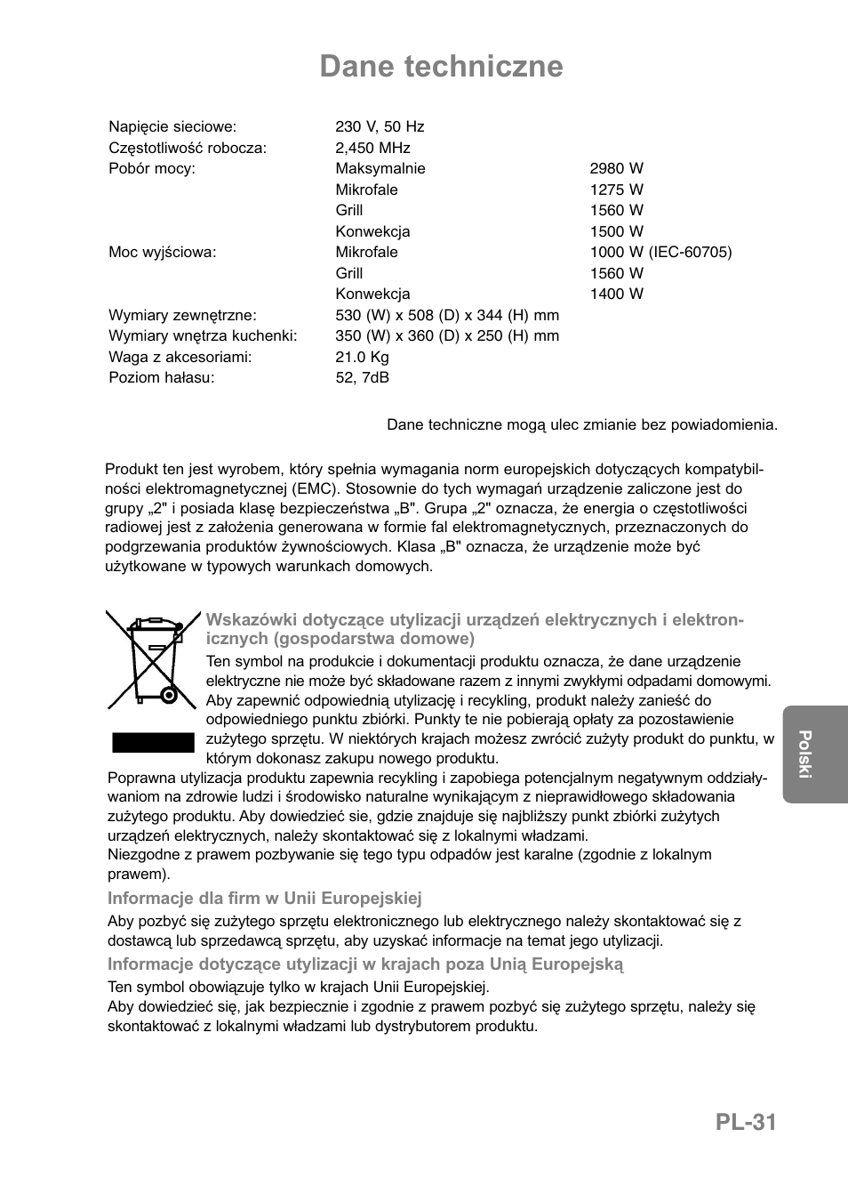 Dane techniczne, Pl-31 | Panasonic NNCT850WEPG User Manual | Page 204 / 273