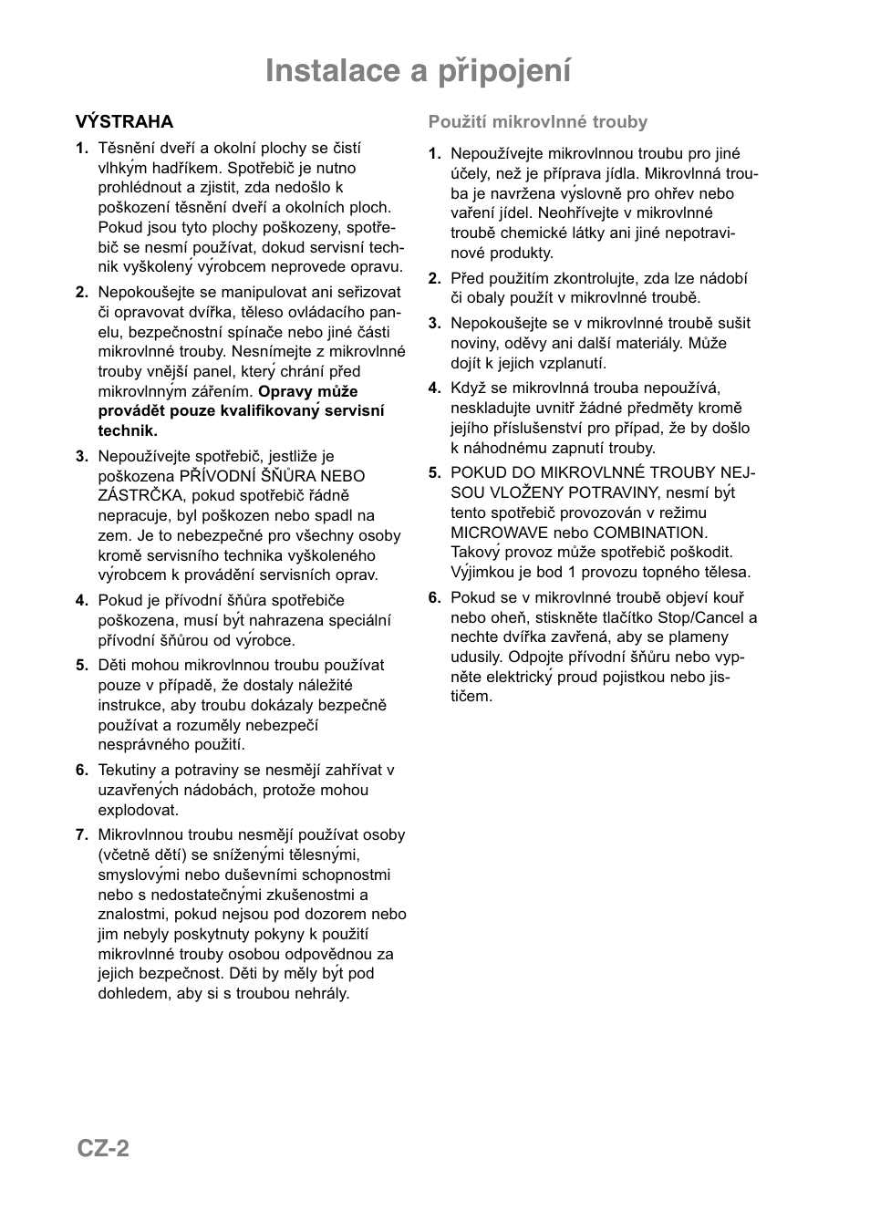 Instalace a připojení, Cz-2 | Panasonic NNCT850WEPG User Manual | Page 209 / 273