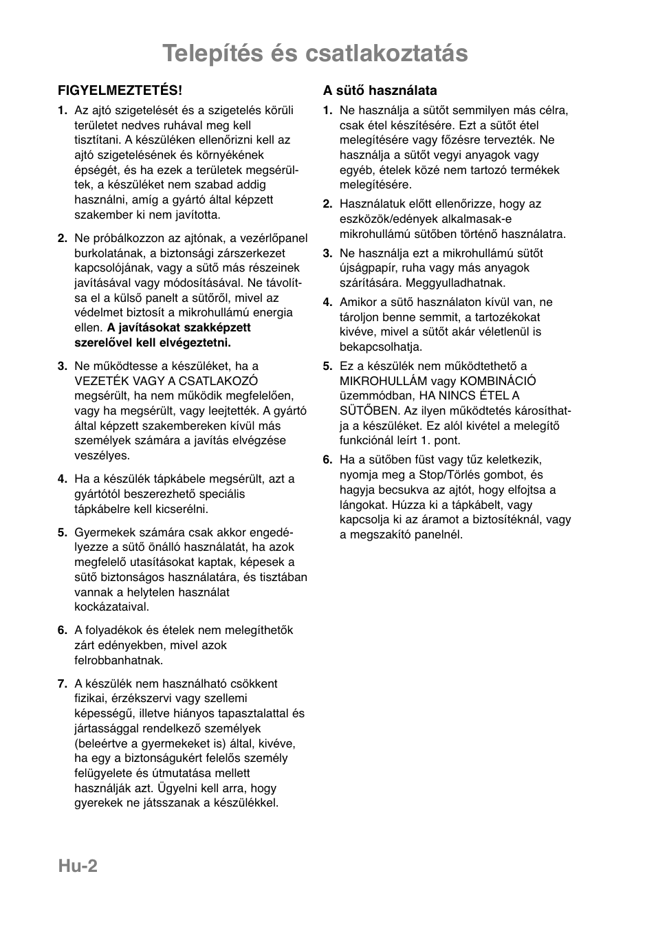 Telepítés és csatlakoztatás, Hu-2 | Panasonic NNCT850WEPG User Manual | Page 243 / 273