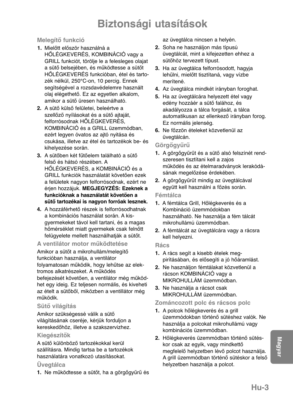 Biztonsági utasítások, Hu-3 | Panasonic NNCT850WEPG User Manual | Page 244 / 273