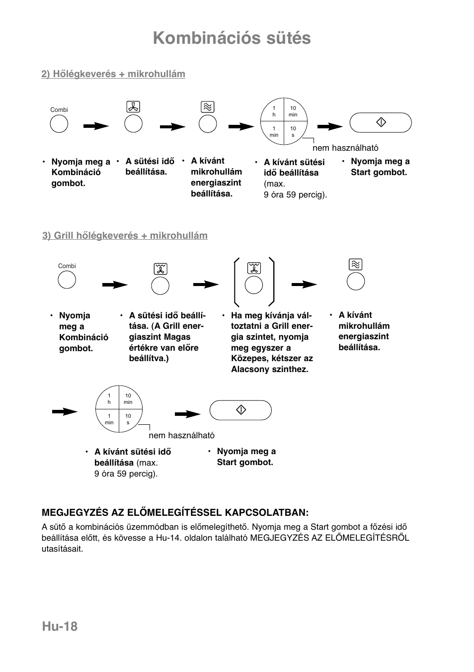Kombinációs sütés, Hu-18, 2) hőlégkeverés + mikrohullám | 3) grill hőlégkeverés + mikrohullám, Megjegyzés az előmelegítéssel kapcsolatban | Panasonic NNCT850WEPG User Manual | Page 259 / 273