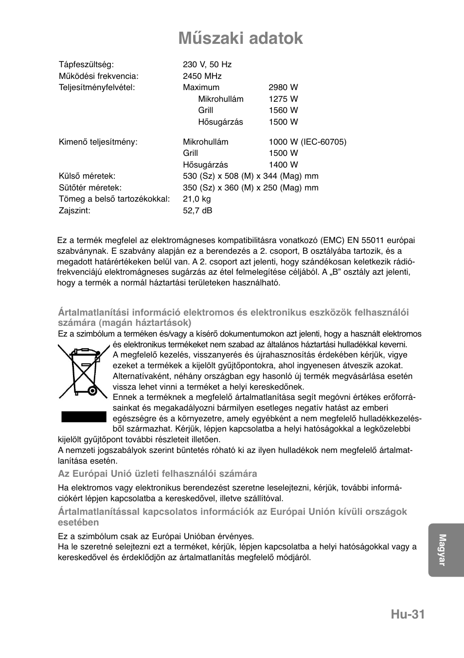 Műszaki adatok, Hu-31 | Panasonic NNCT850WEPG User Manual | Page 272 / 273