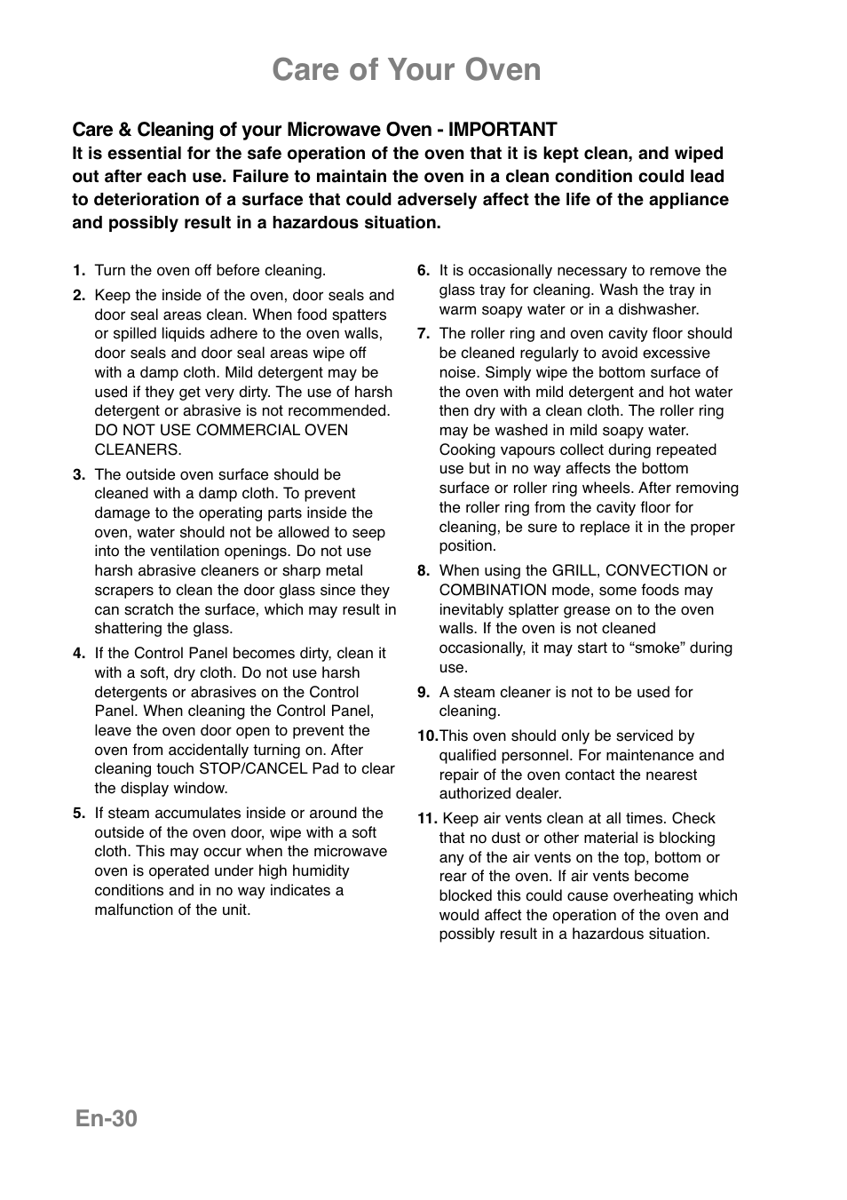 Care of your oven, En-30 | Panasonic NNCT850WEPG User Manual | Page 32 / 273