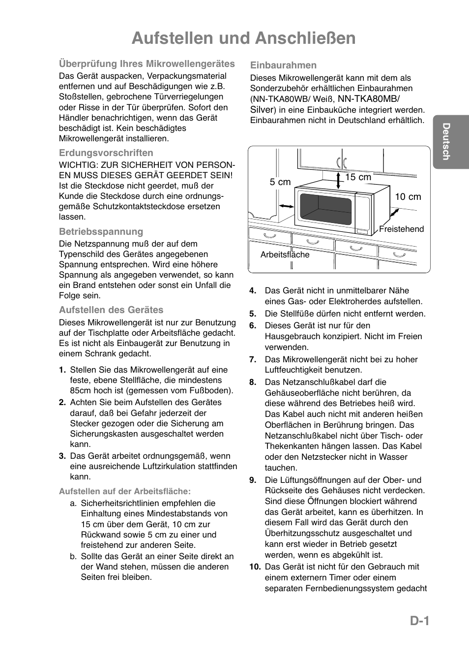 Aufstellen und anschließen | Panasonic NNCT850WEPG User Manual | Page 37 / 273