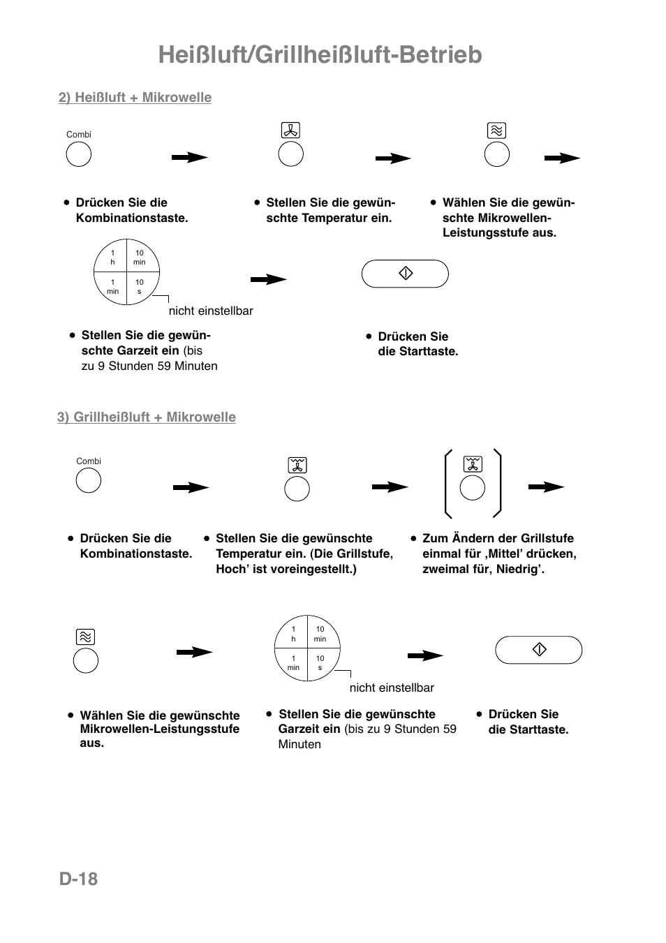 Heißluft/grillheißluft-betrieb, D-18, 2) heißluft + mikrowelle | 3) grillheißluft + mikrowelle | Panasonic NNCT850WEPG User Manual | Page 54 / 273