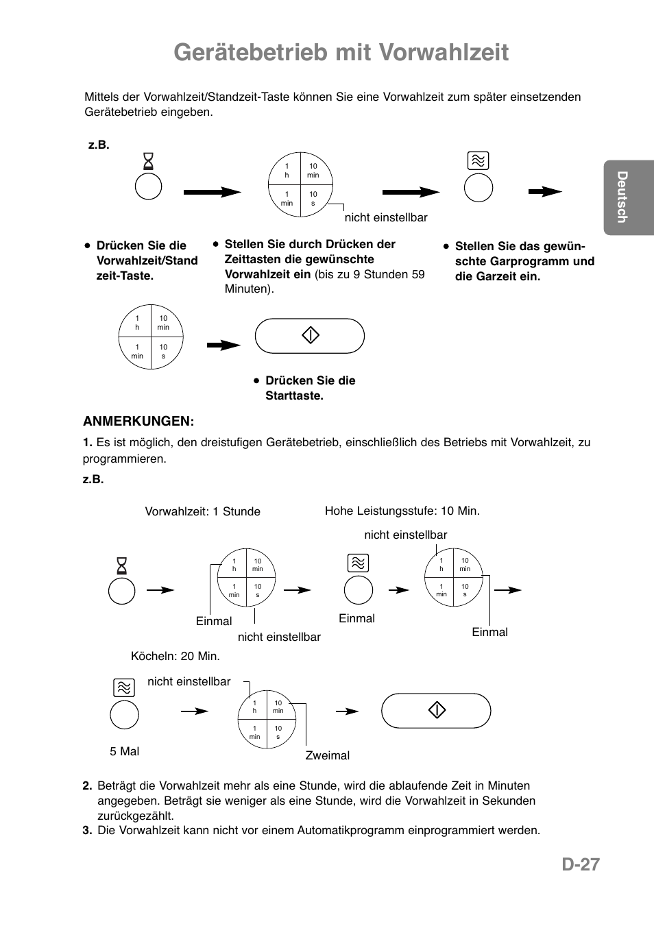 Gerätebetrieb mit vorwahlzeit, D-27, Deutsch | Anmerkungen, Drücken sie die starttaste, Köcheln: 20 min. 5 mal zweimal | Panasonic NNCT850WEPG User Manual | Page 63 / 273